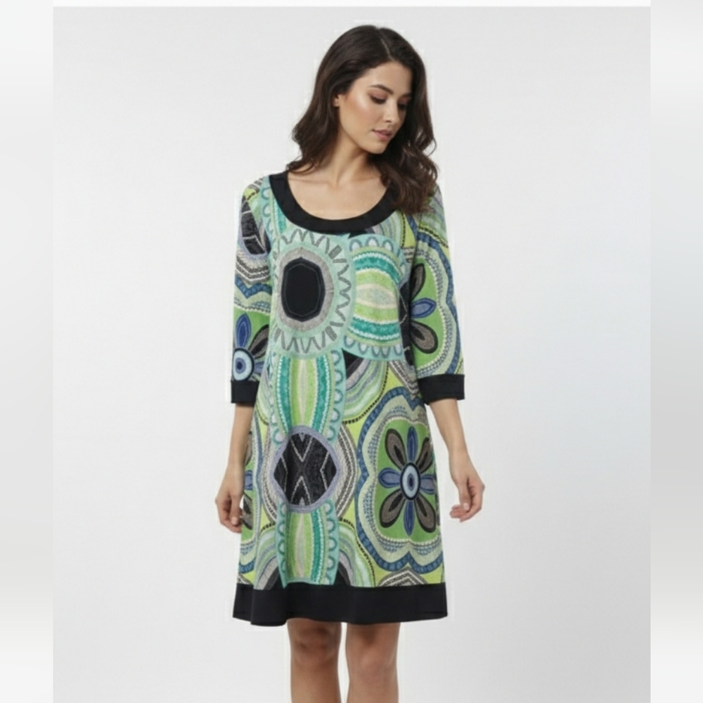 Tianna B Dress Shift Retro Mod Abstract Boho Green Blue 1X